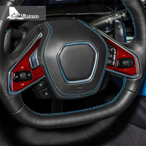 Dry Carbon Fiber Steering Wheel Button Panel Red Trim For Corvette C8 2020-2022