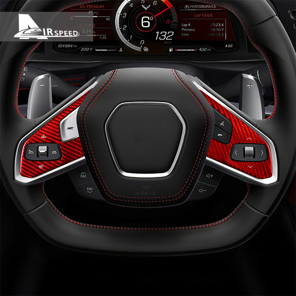 Dry Carbon Fiber Steering Wheel Button Panel Red Trim For Corvette C8 2020-2022