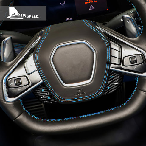 Dry Carbon Fiber Steering Wheel Radio Adjustment Button Blue Trim For Corvette C8 2020-2022